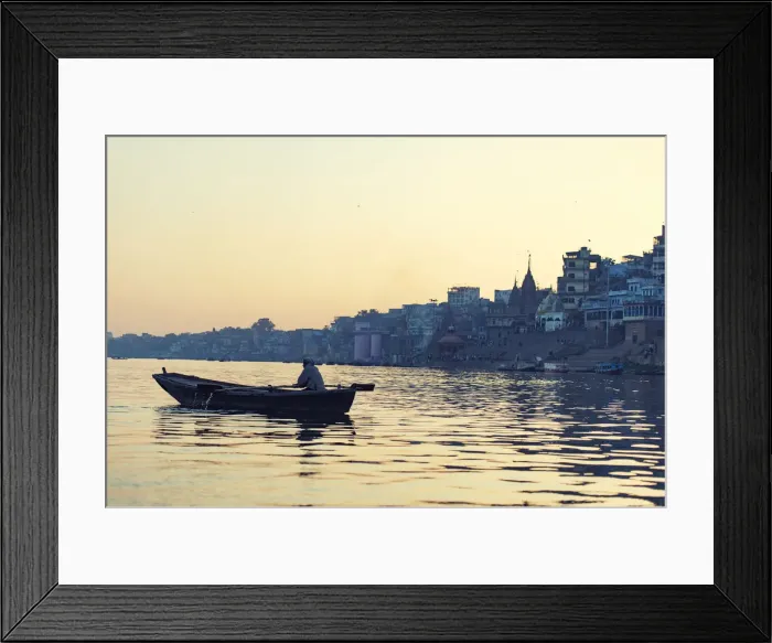 Framed Print : indian people rowing boat in Ganga river varanasi india