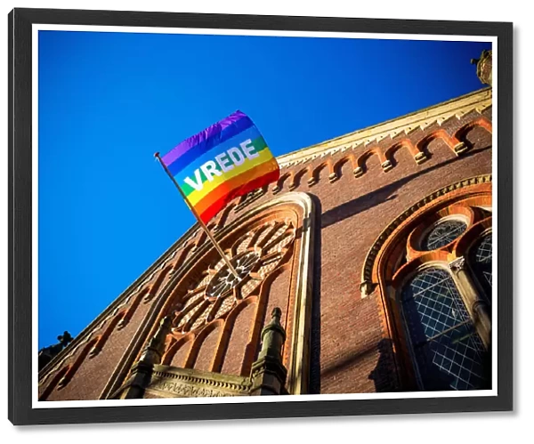 Vrede (PEACE) Wordings on a LGBT Flag Outside a Church, Hague, Netherlands