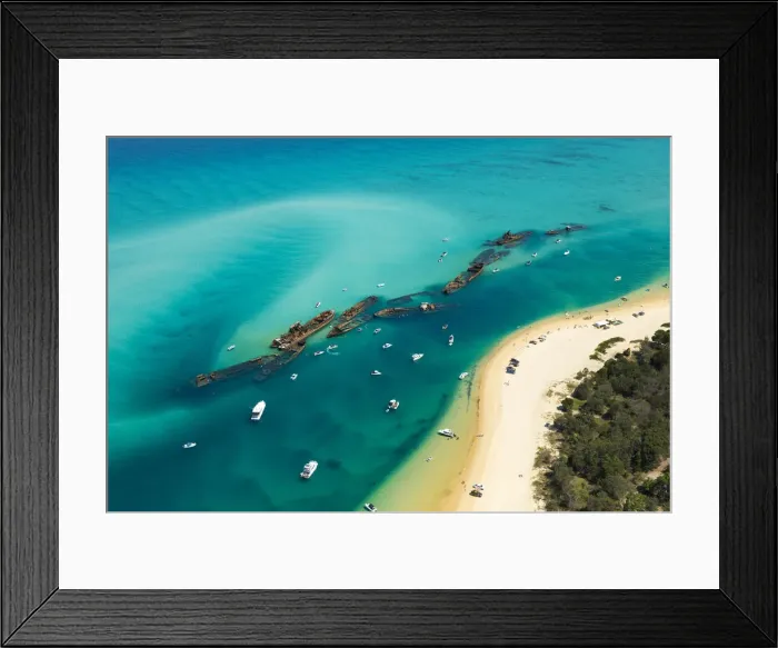 Framed Print : Flying High over the Tangalooma Wrecks Queensland