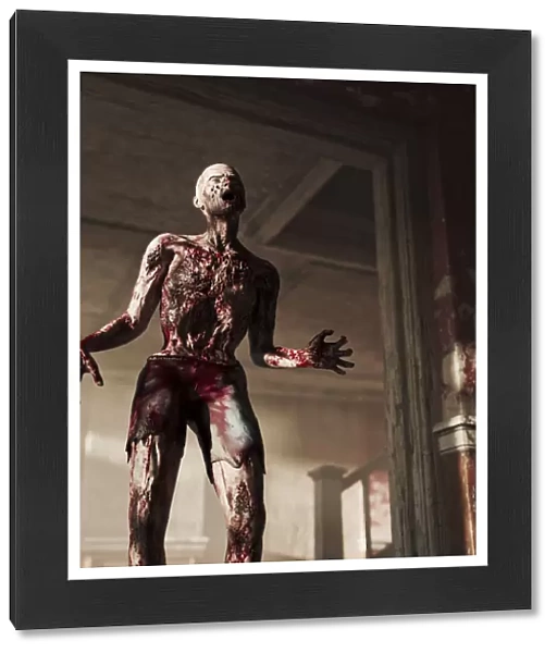 Zombie: male zombie walking through dark house