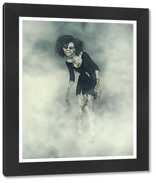 Female Zombie with glowing eyes emerging from fog