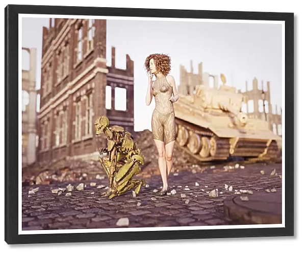 Futuristic girl with robot in ruined city with tank