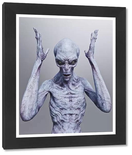 Alien with hands in air and expression of anger or frustration