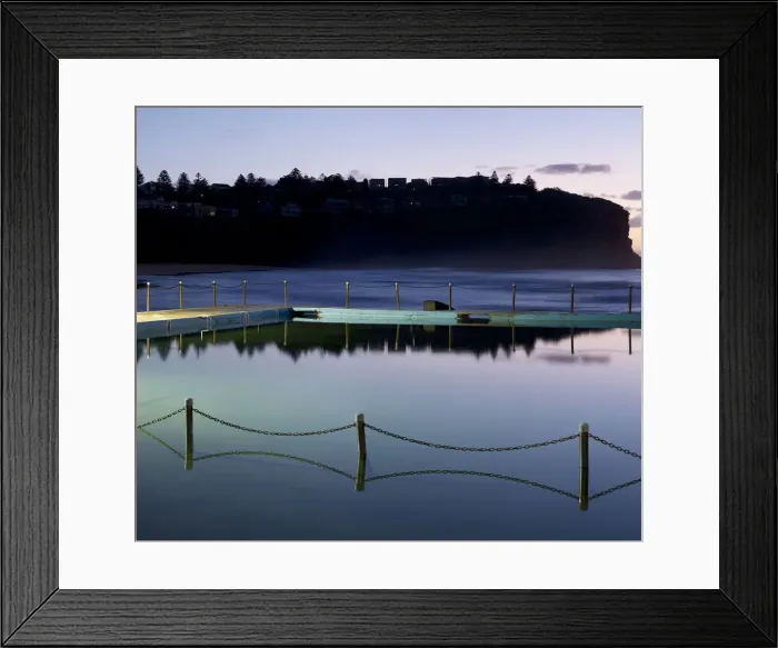 Framed Print : Sea Pool with chain fence reflecting in the still sea water Bilgola New South Wales Australia Framed Print : Sea Pool with chain fence reflecting in the still sea water Bilgola New South Wales Australia