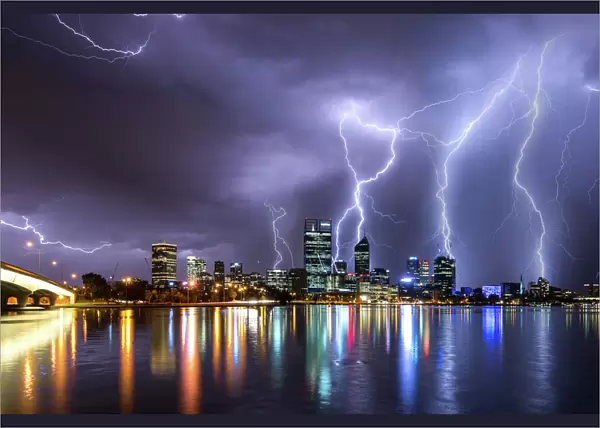 Lightning strikes over the skyline of Perth Western Australia
