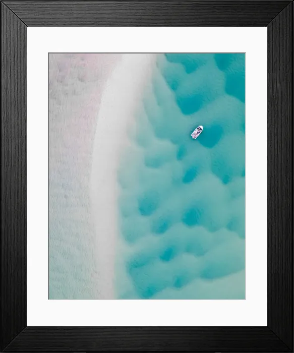 Framed Print : Aerial shot of a boat and river bed textures, Noosa, Australia