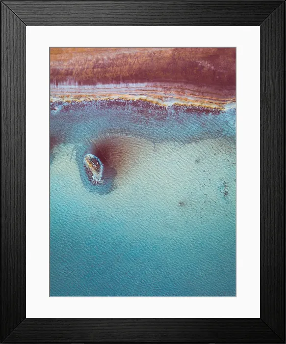 Framed Print : Aerial perspective at the edge of a vibrant coloured salt pool, Western Australia