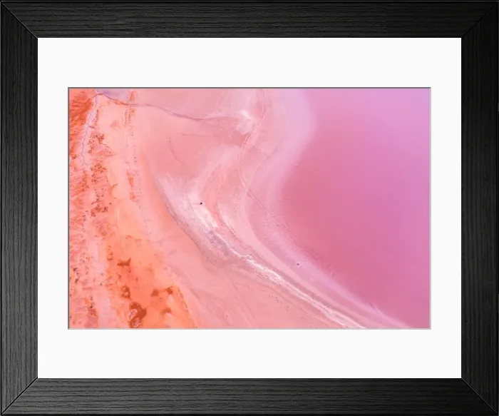Framed Print : Aerial view of patterns, textures and colors, pink, purple and orange over a Pink Lake