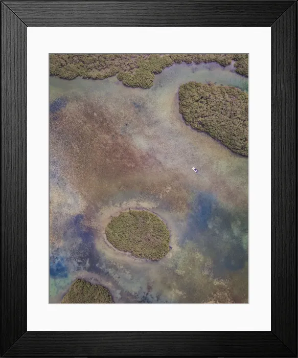 Framed Print : Drone perspective of a small boat in the marshlands, Shark Bay, Australia Framed Print : Drone perspective of a small boat in the marshlands, Shark Bay, Australia