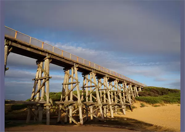 Heritage wooden trestle bridge on cycling trail at Kilcunda, Australia