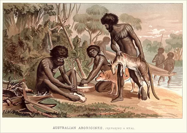 Aboriginal people preparing a meal, 19th Century Australia