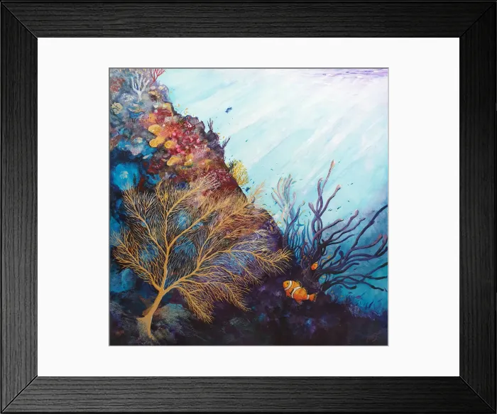 Framed Print : An acrylic artwork of a golden fern on a shallow reef with clownfidh and tropical corals Framed Print : An acrylic artwork of a golden fern on a shallow reef with clownfidh and tropical corals