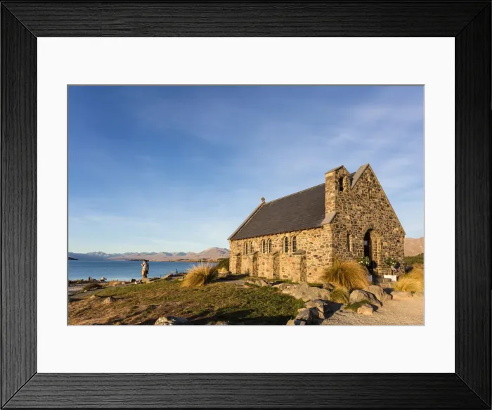Framed Print : Sunset over the Church of the good Shepherd and Lake Takepo in New Zealand