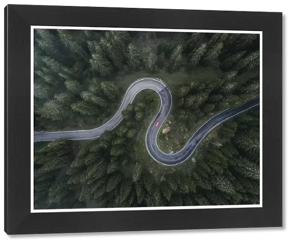 Winding forest road seen and a car shot by drone, Dolomites, Italy