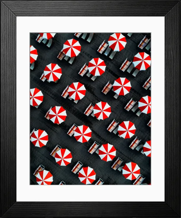 Framed Print : Drone image directly above beach umbrellas, Massa, Italy