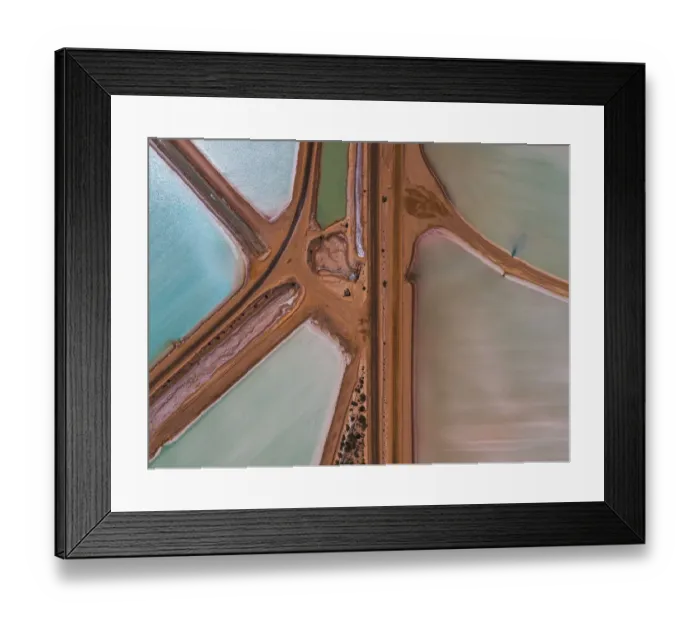 Framed Print : Divisions of salt storage ponds as seen from above, Western Australia Framed Print : Divisions of salt storage ponds as seen from above, Western Australia
