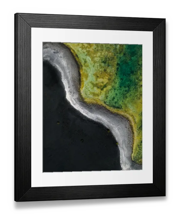 Framed Print : Contrast between volcanic sand and vibrant salt lake as seen from above, Lanzarote Framed Print : Contrast between volcanic sand and vibrant salt lake as seen from above, Lanzarote