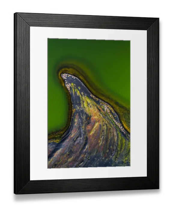 Framed Print : Green salt lake and fin shaped volcanic land taken by drone, Lanzarote