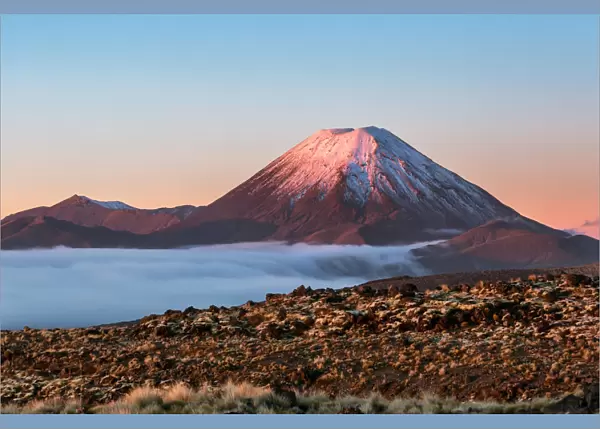 Scenic landscape with Ngauruhoe volcano at sunset