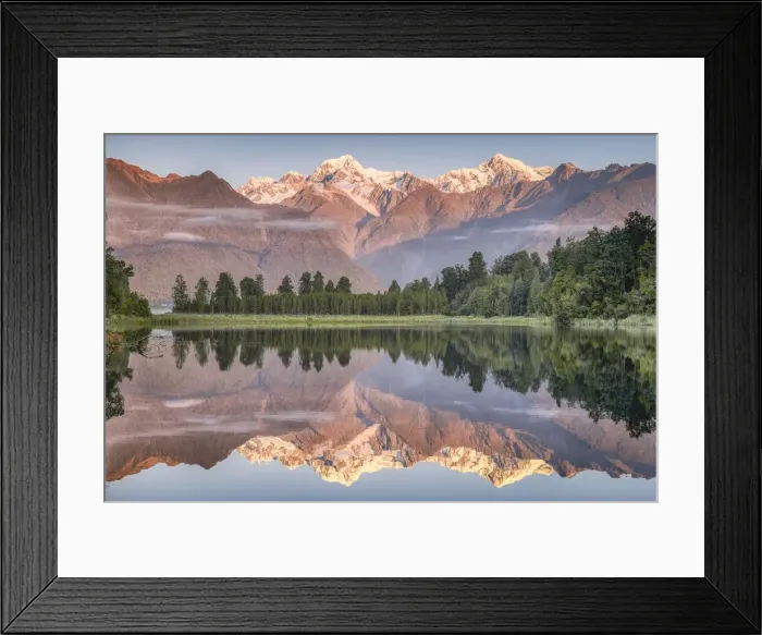 Framed Print : Snowy mountain peaks of Mount Cook and Mount Tasman reflected in Lake Matheson in Framed Print : Snowy mountain peaks of Mount Cook and Mount Tasman reflected in Lake Matheson in