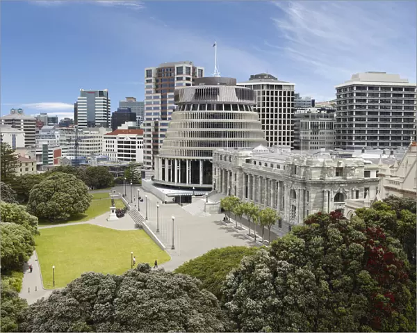 Aerial view of The Beehive and NZ Parliament House