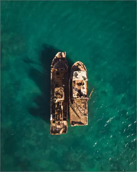 Overhead shot of two shipwrecks in Port Moresby