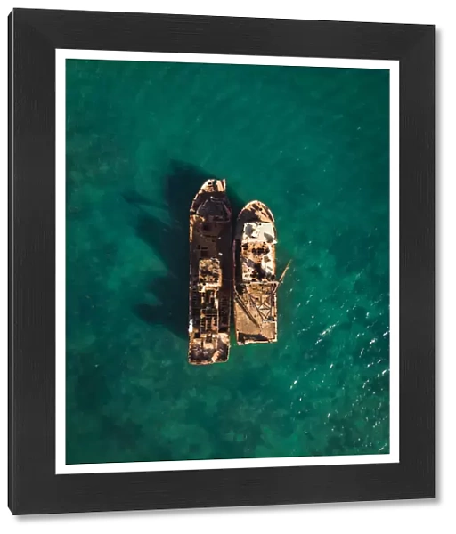 Overhead shot of two shipwrecks in Port Moresby