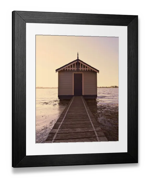 Framed Print : Boatshed on lake