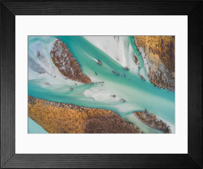Framed Print : Aerial view of river flowing with turquoise colors Framed Print : Aerial view of river flowing with turquoise colors
