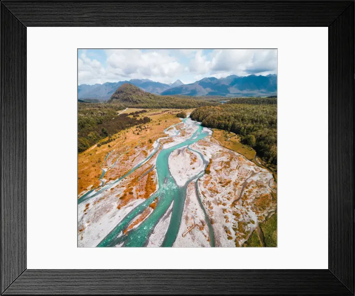 Framed Print : Overhead view of Maruia River, South Island, New Zealand
