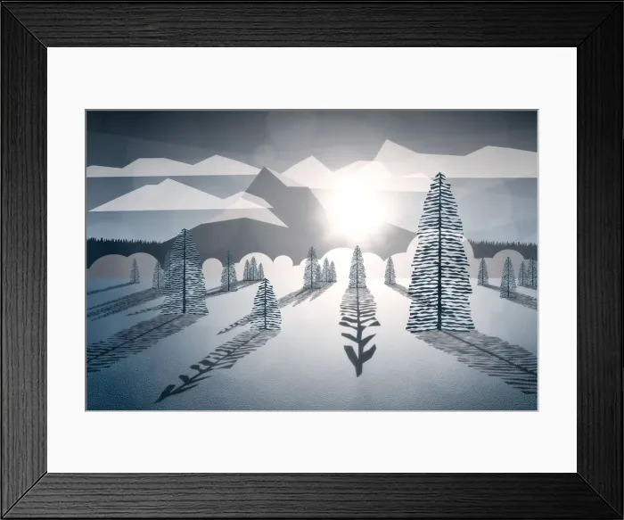 Framed Print : Snow Mountain Illustration with Sun Glare