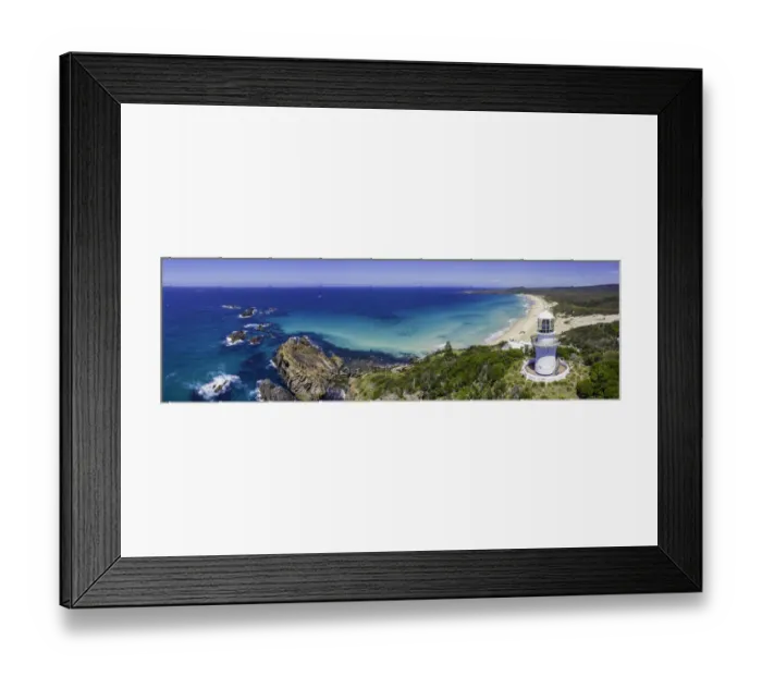 Framed Print : Panoramic aerial view of Sugarloaf Point Lighthouse overlooking Lighthouse Beach Framed Print : Panoramic aerial view of Sugarloaf Point Lighthouse overlooking Lighthouse Beach