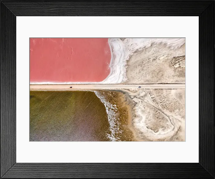 Framed Print : Aerial view over a pink salt lake in South Australia