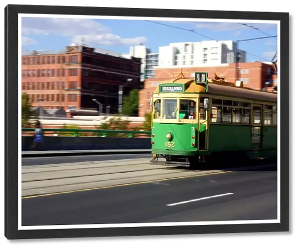 Electric tram traveling at speed