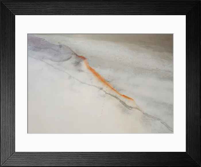 Framed Print : Aerial view point over white and grey colored salt lake with orange line of color