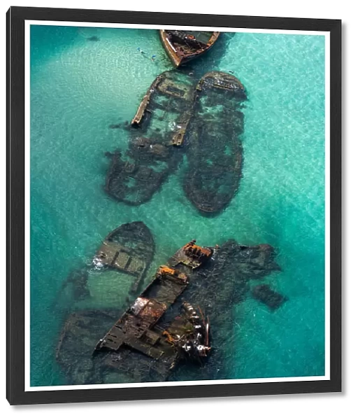 Moreton Island - a close up aerial shot of the Shipwrecks from a helicopter