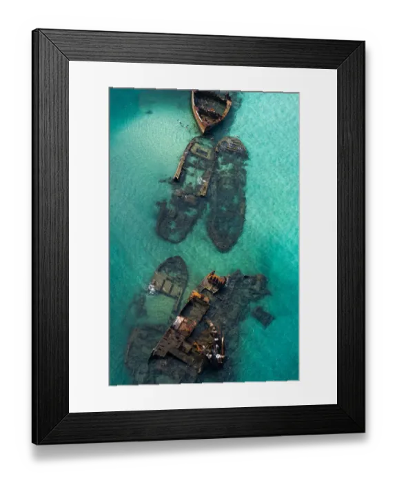 Framed Print : Moreton Island - a close up aerial shot of the Shipwrecks from a helicopter