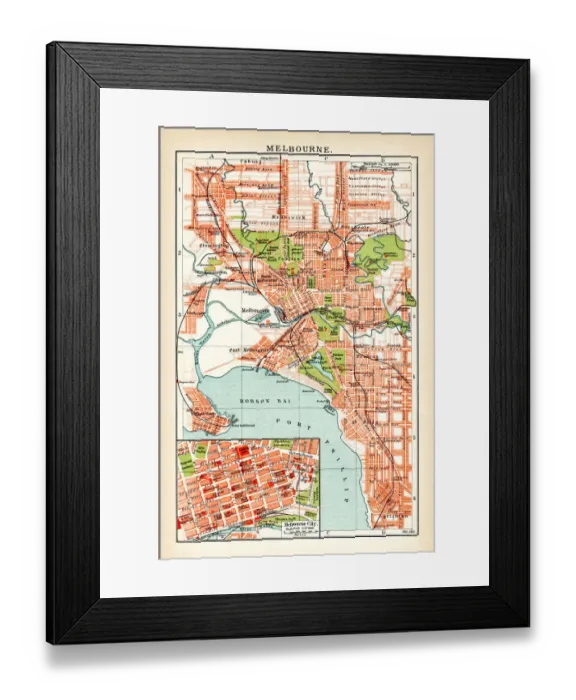 Framed Print : Antique map of Melbourne Australia 1896 Framed Print : Antique map of Melbourne Australia 1896