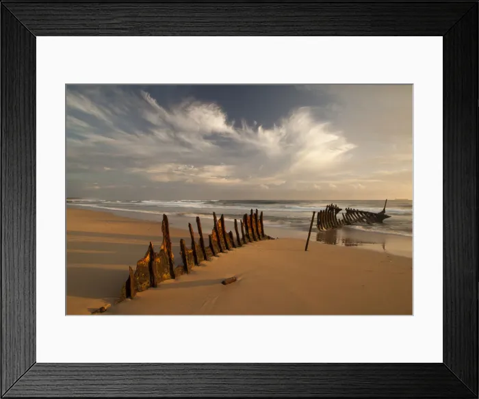 Framed Print : A dramatic sunrise on Dicky Beach with the wreck of the SS Dicky in the foreground Framed Print : A dramatic sunrise on Dicky Beach with the wreck of the SS Dicky in the foreground