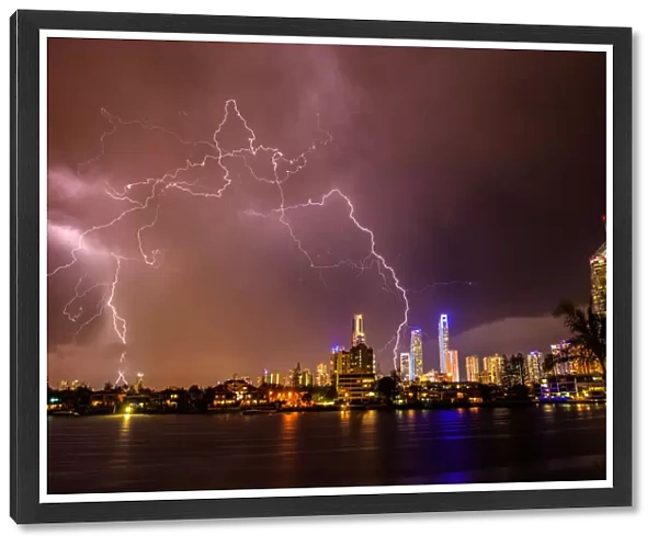 Thunder Storm and Lightening with City Skyline