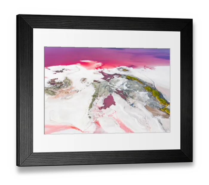 Framed Print : Aerial view of patterns of salty pink lake. Pink Salt Lake Hutt Lagoon Framed Print : Aerial view of patterns of salty pink lake. Pink Salt Lake Hutt Lagoon