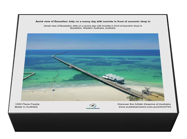 Aerial view of Busselton Jetty on a sunny day with tourists in front of souvenir shop in