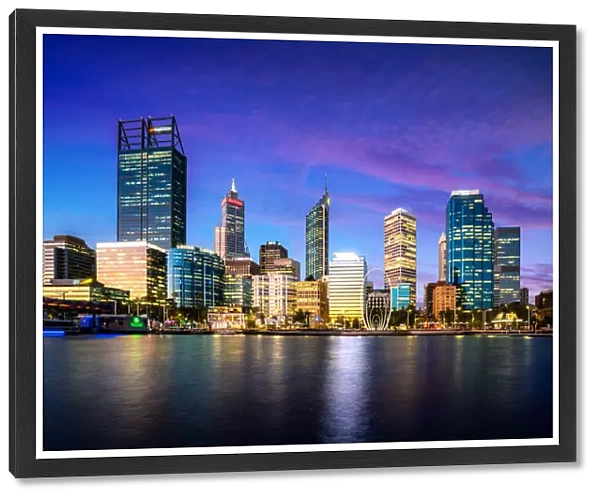 Cityscape of Perth business district skyline in evening at Elizabeth quay waterfront in