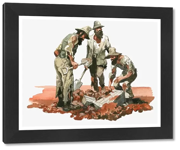 Illustration of Australian explorers Burke, Wills and King digging up boxes in outback