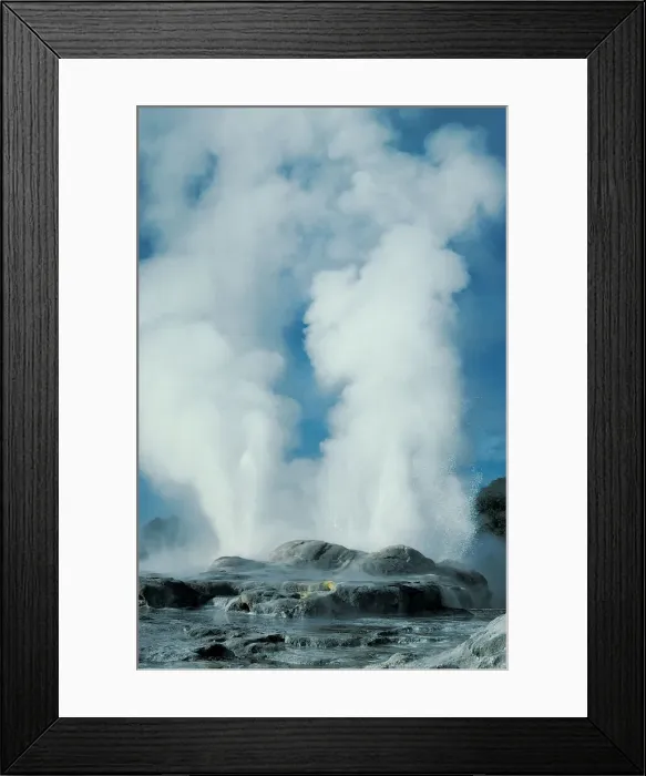 Framed Print : New Zealand, Rotorua, Whakarewarewa, Pohutu and Prince of Wales geysers