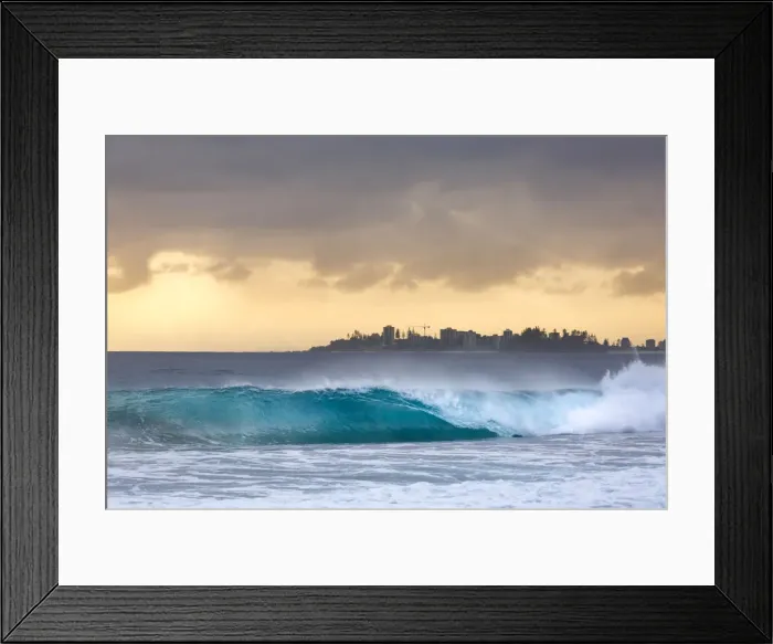 Framed Print : Glorious golden surnise on a summers morning with a large wave starting to break in Framed Print : Glorious golden surnise on a summers morning with a large wave starting to break in