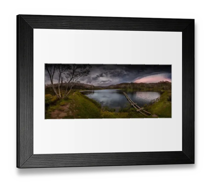 Framed Print : Rainbow lake in the summer with a passing storm, Snowy mountains Framed Print : Rainbow lake in the summer with a passing storm, Snowy mountains