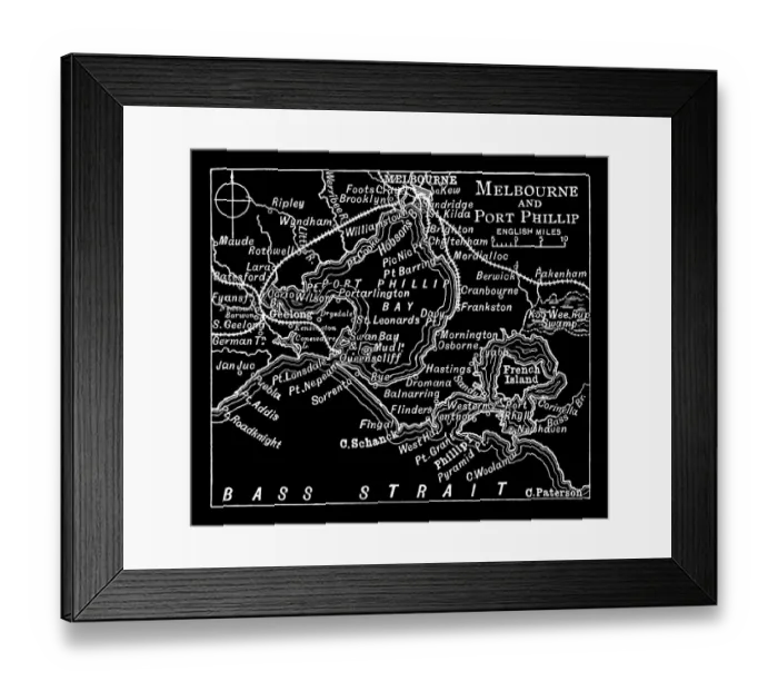 Framed Print : Old engraved map of Melbourne and Port Phillip