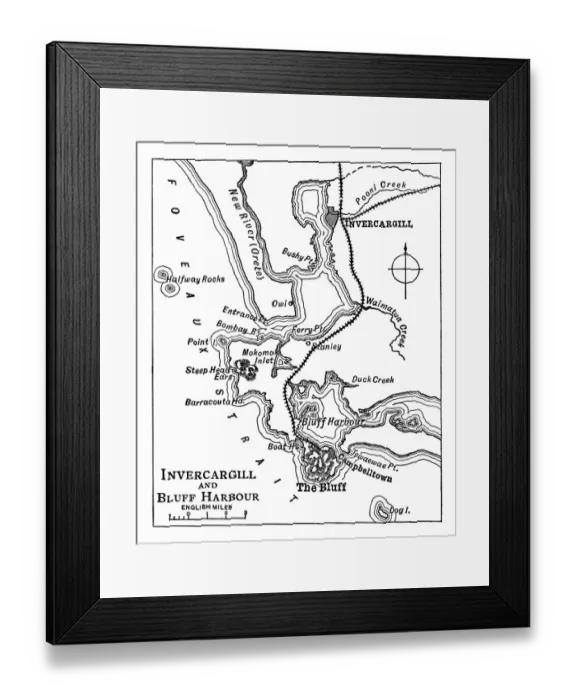 Framed Print : Old engraved map of Invercargill and Bluff Harbour, New Zealand Framed Print : Old engraved map of Invercargill and Bluff Harbour, New Zealand