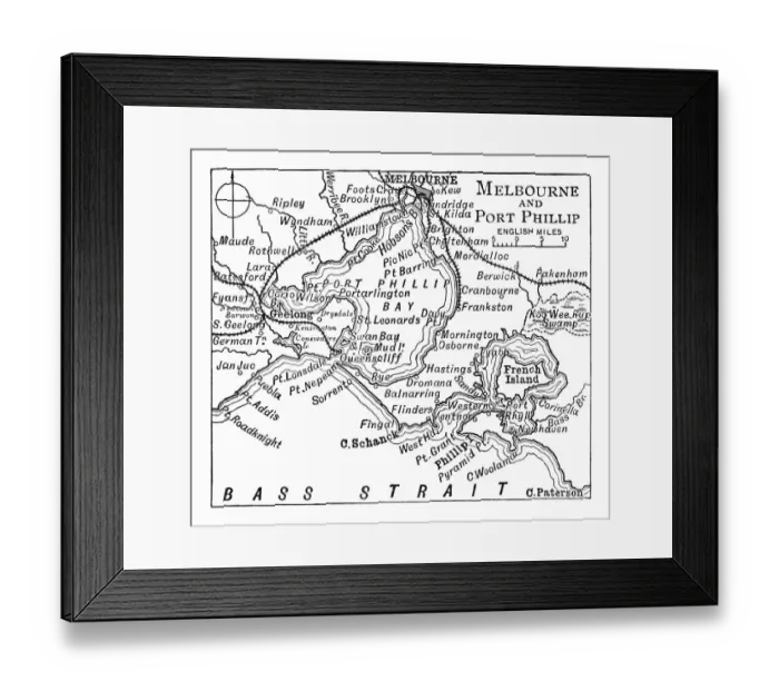 Framed Print : Old engraved map of Melbourne and Port Phillip Framed Print : Old engraved map of Melbourne and Port Phillip